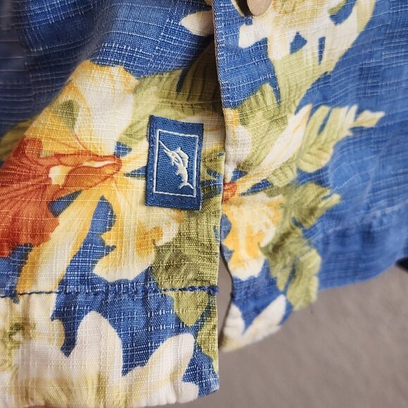 Tommy Bahama Shirt Mens Large Blue Silk Floral Hawaiian Pineapple Button Up Camp - Picture 3 of 12